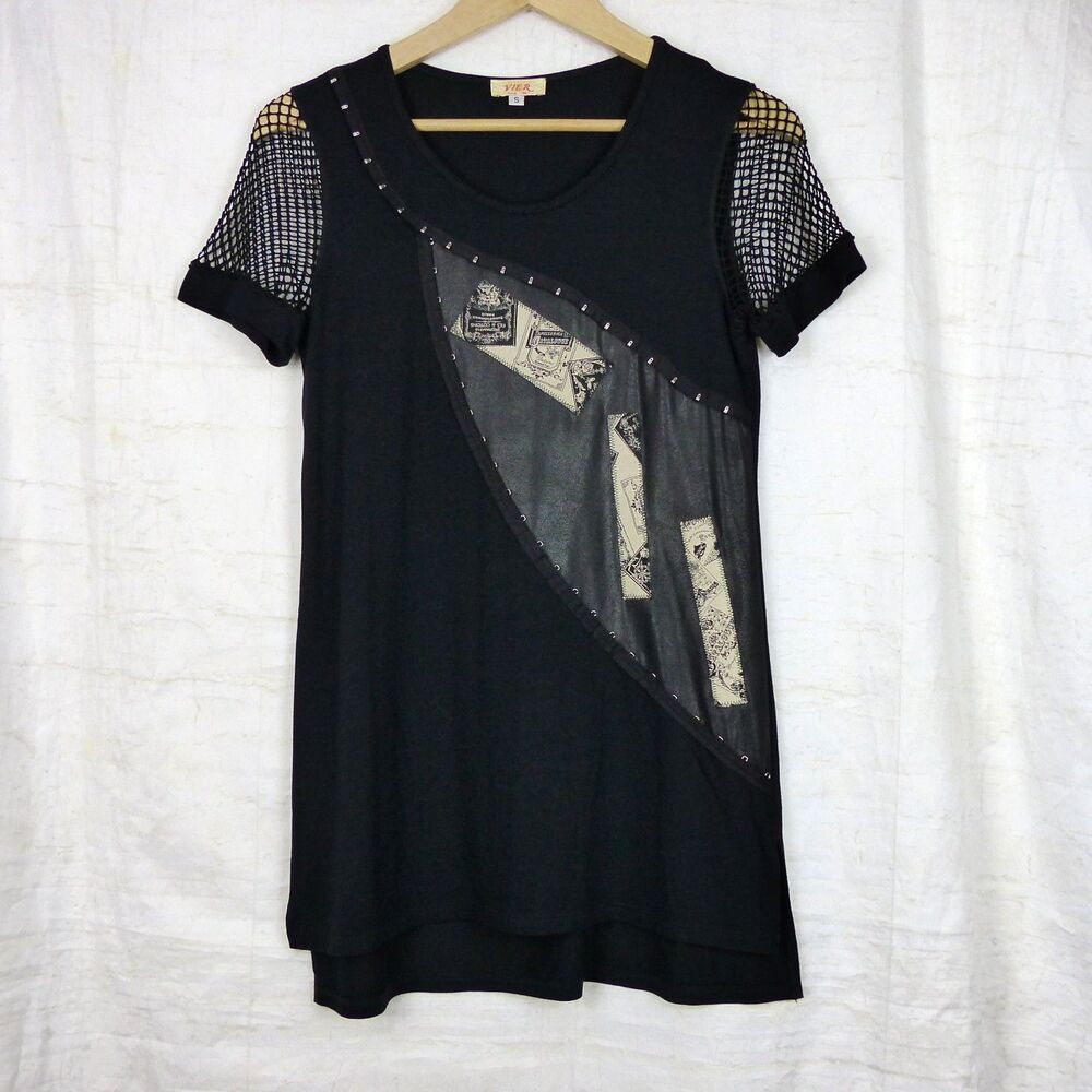 Vintage Y2K Black Goth Tunic Top Womens XL Fishnet Sleeve Studded Grunge USA